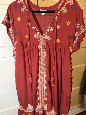 Sundance Rust Red Embroidered Boho Tunic with Multicolor Accents